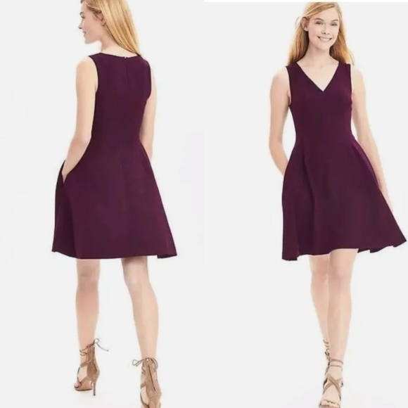 Banana Republic Stretch Sleeveless Mini Fit & Flare Skater Dress Burgundy Size14 - Picture 1 of 14